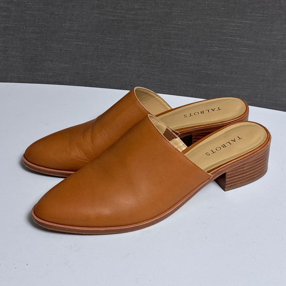 Talbots Mules 11M Cognac Leather Pointed Toe Block Heel Slip On Shoes Casual